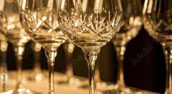 Fototapeta Close-up of several elegant crystal wine glasses, showcasing intricate patterns and gleaming surfaces