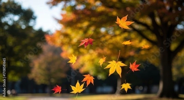 Fototapeta Colorful autumn maple leaves floating in the air, blurred park background