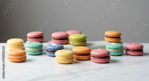 Fototapeta Colorful macarons arranged on a marble surface (1)