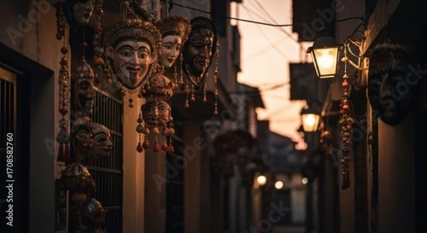 Fototapeta Colorful masks hang in a narrow alleyway at dusk