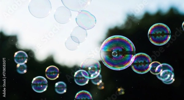 Fototapeta Colorful soap bubbles dancing in the air, reflecting the sunlight