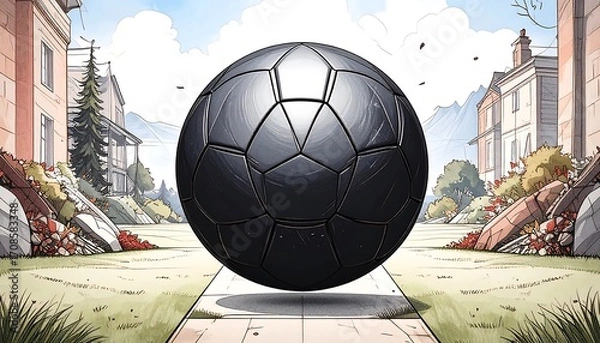 Obraz A large, smooth, dark ball hovers over a sidewalk in a cartoon-styled neighborhood