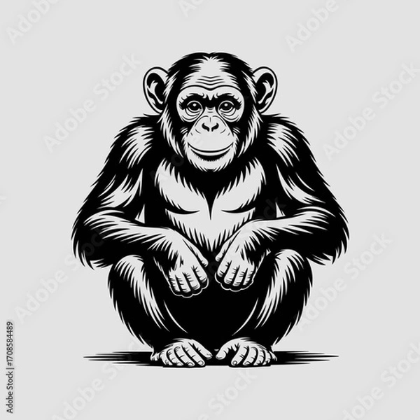 Obraz Detailed black and white illustration of a chimpanzee sitting