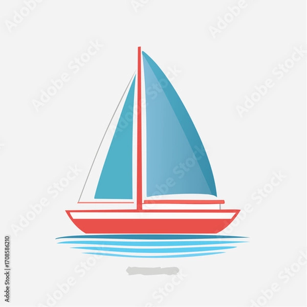 Fototapeta Simplified Sailboat Illustration with Red Hull, Blue Sails, and Subtle Water Detail