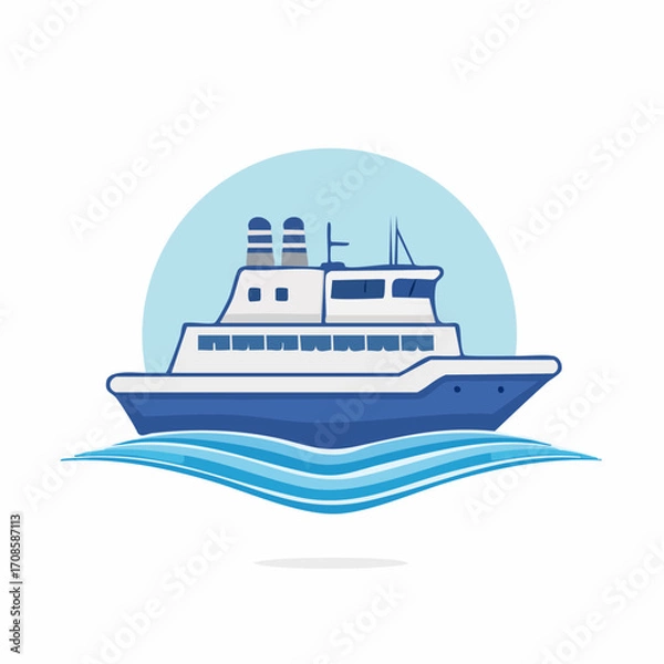 Fototapeta Stylized Blue and White Ship on Ocean Waves with a Light Blue Circular Backdrop
