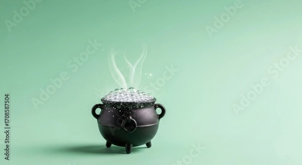 Fototapeta Bubbling witch's cauldron with smoke on a light green background for halloween