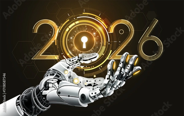 Fototapeta Artificial intelligence robotic hand reaching digital keyhole with golden tech design Hud, Agentic Ai technology trends in 2026 concept, vector illustration
