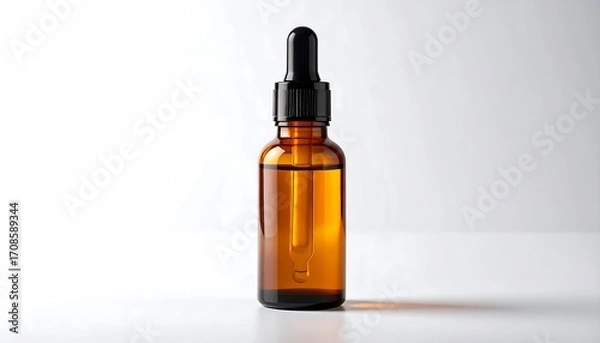 Obraz Amber glass bottle with a black dropper on a clean white background in studio lighting
