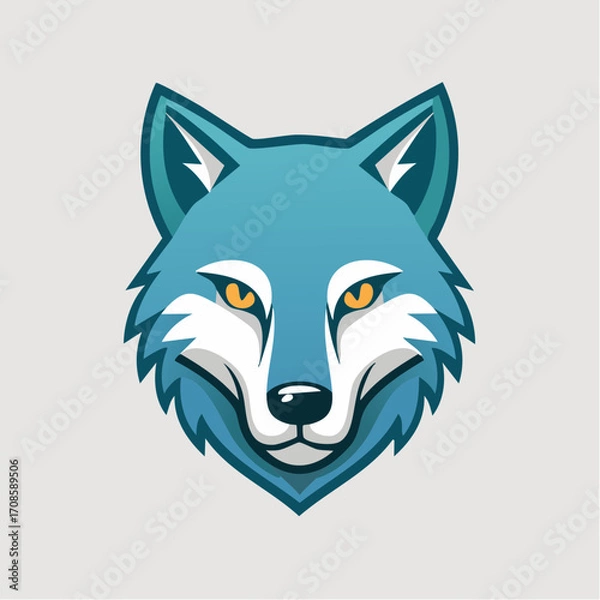 Fototapeta Stylized Teal Wolf Head Illustration with Geometric Design and Bright Yellow Eyes