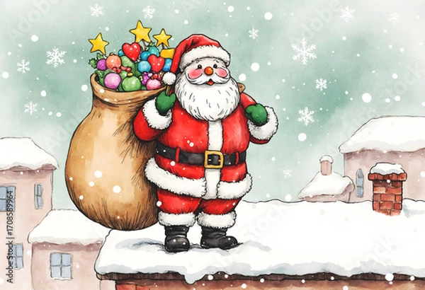 Obraz Cartoon Santa Claus on Snowy Rooftop with Gift Sack and Falling Snow. A cheerful Christmas illustration full of festive colors and holiday magic.