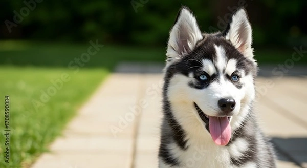 Fototapeta Siberian Husky Puppy with Blue Eyes and Black-and-White Coat Sitting on Paved Surface with Green Grass and Trees in Background