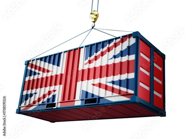 Fototapeta Cargo container with flag of Britain on transparent background. 3D illustration