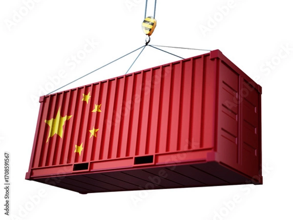 Fototapeta Cargo container with flag of China on transparent background. 3D illustration