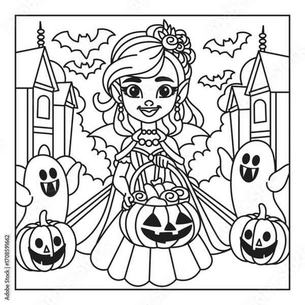 Obraz Halloween Coloring Page with Girl and Spooky Elements