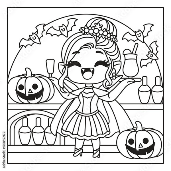 Fototapeta Cheerful Halloween character with pumpkins and bats