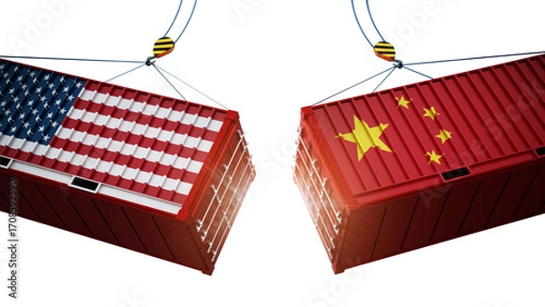 Fototapeta Trade wars concept with American and Chinese flag textured cargo containers clashing on transparent background. 3D illustration