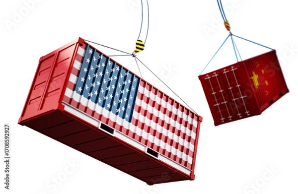 Fototapeta Trade wars concept with American and Chinese flag textured cargo containers clashing on transparent background. 3D illustration