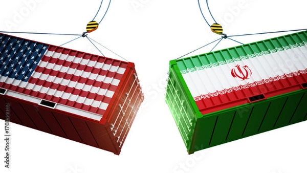 Fototapeta Trade wars concept with American and Chinese flag textured cargo containers clashing on transparent background. 3D illustration