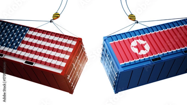 Fototapeta Trade wars concept with American and Chinese flag textured cargo containers clashing on transparent background. 3D illustration