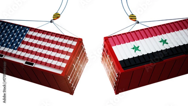 Fototapeta Trade wars concept with American and Chinese flag textured cargo containers clashing on transparent background. 3D illustration