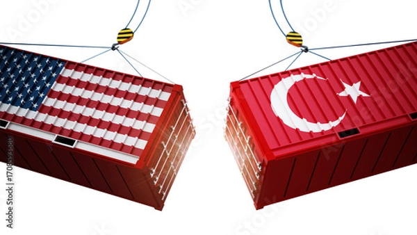 Fototapeta Trade wars concept with American and Chinese flag textured cargo containers clashing on transparent background. 3D illustration