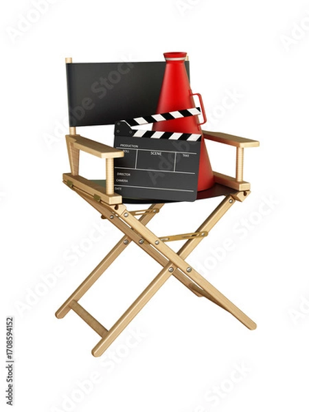 Fototapeta Clapboard and director's megaphone standing on director's chair on transparent background. 3D illustration