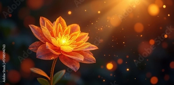 Obraz Glowing orange flower illuminated by golden sunlight and floating orbs