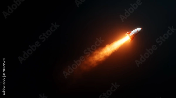 Fototapeta A rocket is ascending rapidly into the dark night sky, leaving a trail of bright orange flames and smoke. This spectacular launch showcases the power and excitement of space exploration
