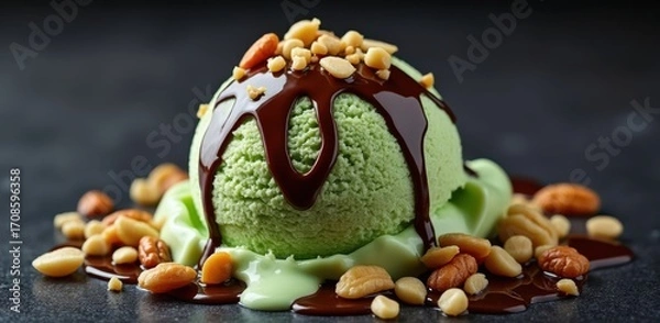 Obraz Delicious pistachio ice cream sundae with chocolate drizzle and nuts
