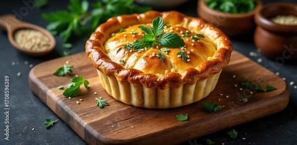 Obraz Golden baked savory pie topped with fresh herbs