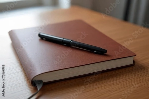 Fototapeta Notebook and pen placed on table for writing or note taking