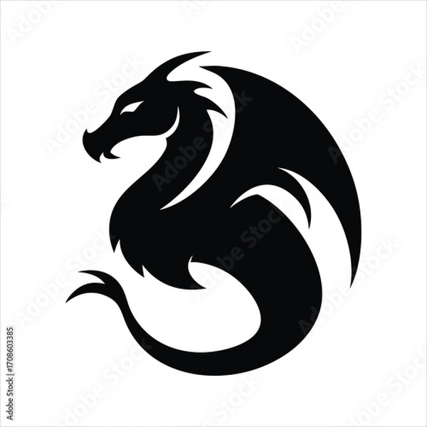 Fototapeta Stylized black dragon silhouette with wings on white background