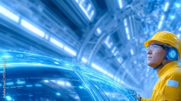 Fototapeta A worker in bright yellow safety gear studies a modern car prototype in a high-tech facility. The atmosphere is filled with glowing blue lights