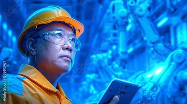 Fototapeta An engineer in an orange uniform and yellow hard hat carefully observes robotic arms at work in a modern manufacturing facility. The environment is illuminated by blue lighting