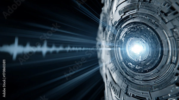 Fototapeta Futuristic tunnel with glowing light and sound wave pattern in dark space