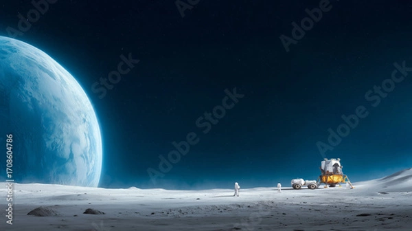 Fototapeta Two astronauts perform activities on the moon's surface next to their lunar lander. A massive blue planet looms large in the sky, casting an otherworldly glow on the desolate landscape