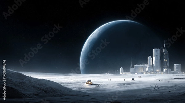 Fototapeta A settlement emerges on the moon's surface, showcasing futuristic buildings and advanced machinery. Astronauts and vehicles work together under a distant planet, illuminating the stark lunar landscape