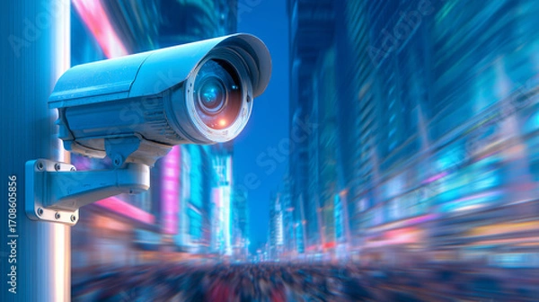 Fototapeta A surveillance camera is positioned high above a busy street, capturing the energy of a vibrant nightlife scene. Colorful lights illuminate the surroundings as people walk by