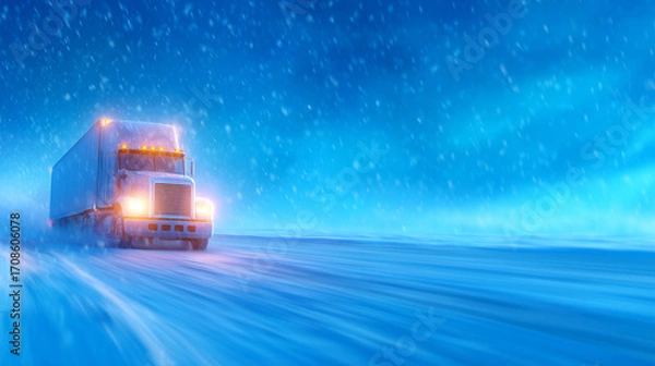 Fototapeta A large truck moves steadily through heavy snowfall during a winter night. The landscape is illuminated by the truck's lights, creating a contrast with the dark, snowy surroundings