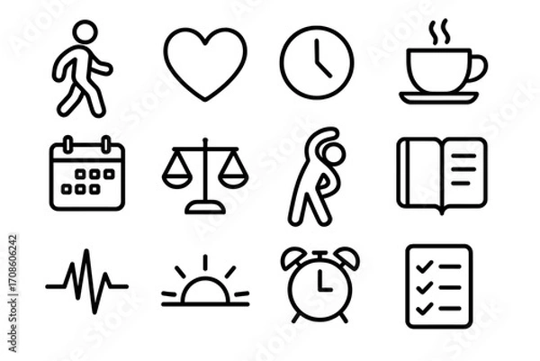 Fototapeta Mindful Life Icons. Line style icons of mindful daily life: walking, heart, clock, coffee; calendar, balance scale, stretching