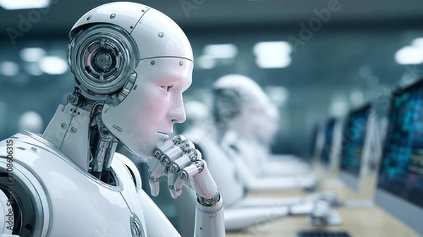 Fototapeta Several humanoid robots are seated in a modern office space, focused on computer screens. Each robot displays a thoughtful expression as they process information, showcasing advanced technology