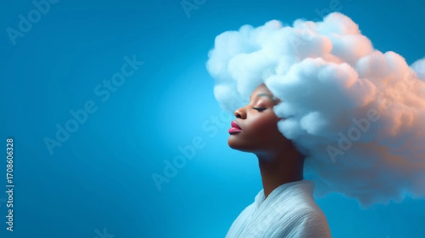 Fototapeta A woman with an oversized cloud hairstyle stands in profile, eyes closed, with a serene expression. The bright blue background enhances the artistic feel, making the scene whimsical and imaginative