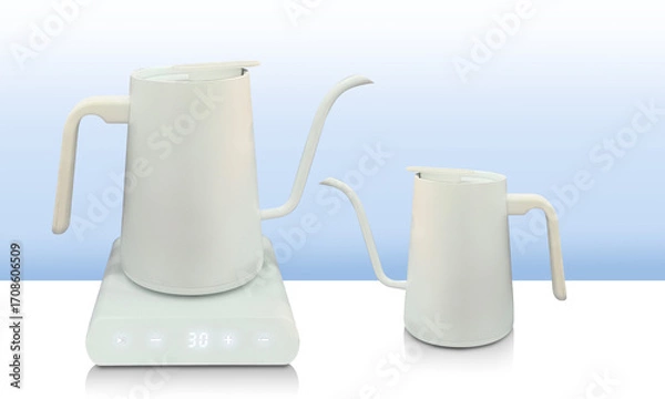 Fototapeta side view white electric kettle on a white electric stove and side view small white electric kettle on white floor, gradient white and blue wall background, technology, object, electric , copy space