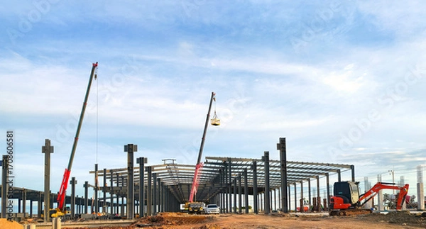 Fototapeta Factory industrial building metal framework with workers and crane trucks are working in construction site against blue sky background