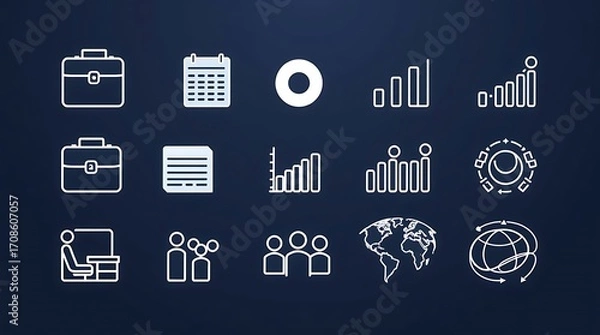 Fototapeta Business and Finance Outline Icons: A Clean, Minimalist White Line Art Set on a Dark Background                                                       