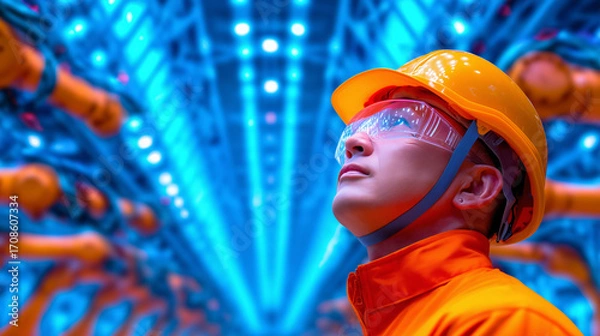 Fototapeta A worker wearing a safety helmet and glasses looks up in amazement at the bright blue lighting and robotic arms in an advanced factory setting