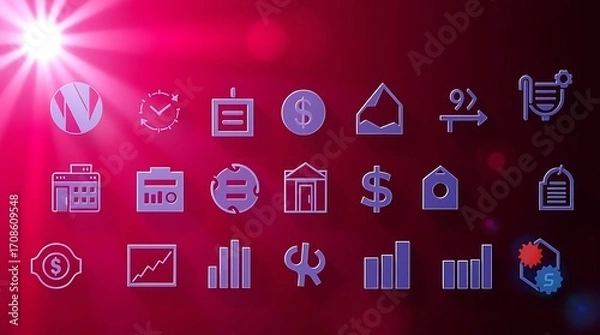 Fototapeta Finance & Business Icon Set: Purple Isometric Design on Red Backdrop with Glowing Sun Rays                                                            