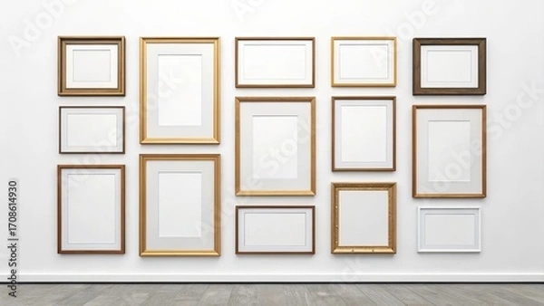 Fototapeta Collection of empty picture frames arranged on a white wall