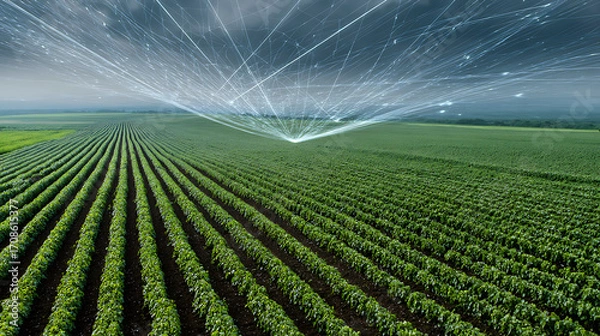 Fototapeta Agricultural field with digital network overlay under a stormy sky