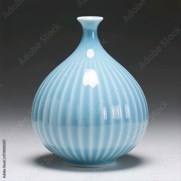 Fototapeta Title:
Light blue ceramic vase with pumpkin-like round shape and vertical grooves